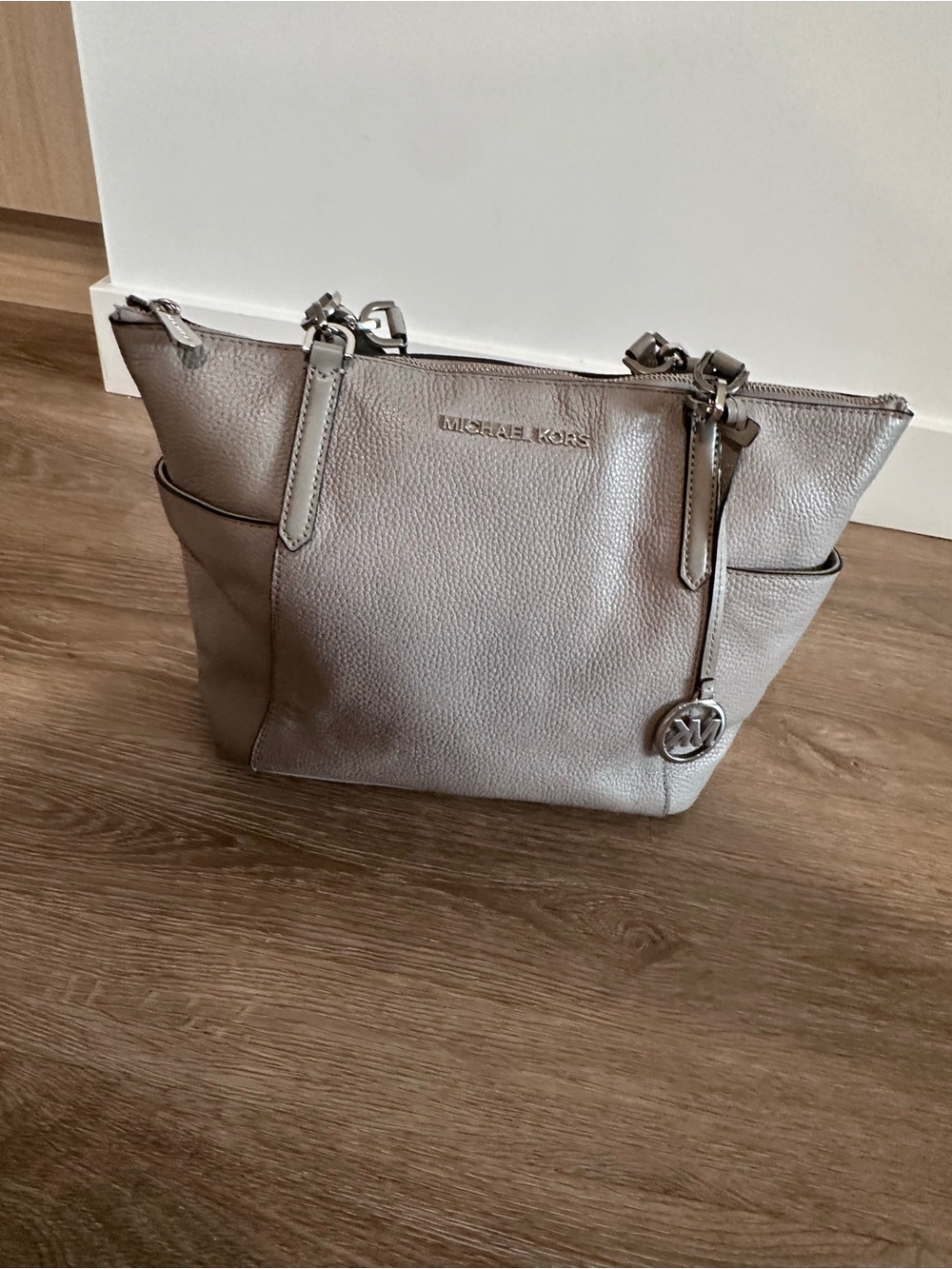Michael Kors Silver Gray Leather Shoulder Tote